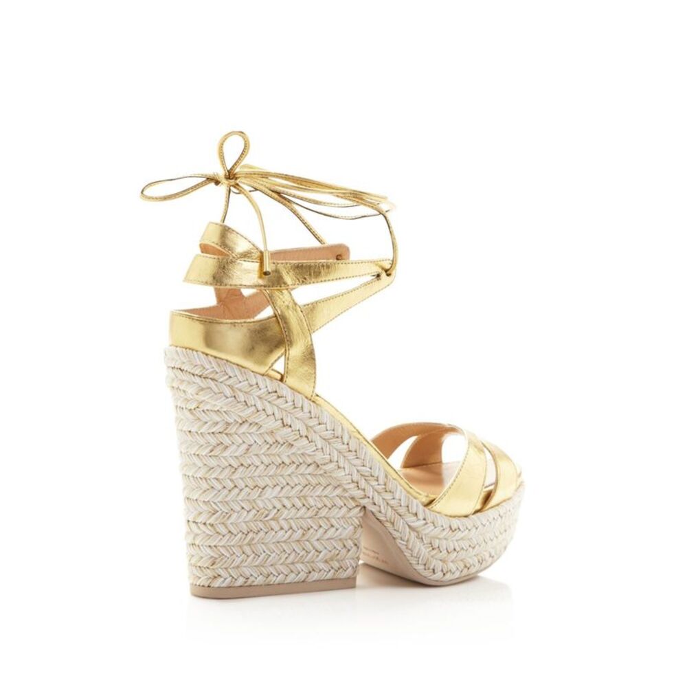 SERGIO ROSSI Womens Crash Gold Beige 4-1/2" Wedge Bilbao Platform Shoes 38.5 - Picture 2 of 3